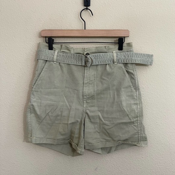 FRAME Safari Belted High Rise Paperbag Cuffed Hem Shorts Washed Od Green 26 - Picture 4 of 11